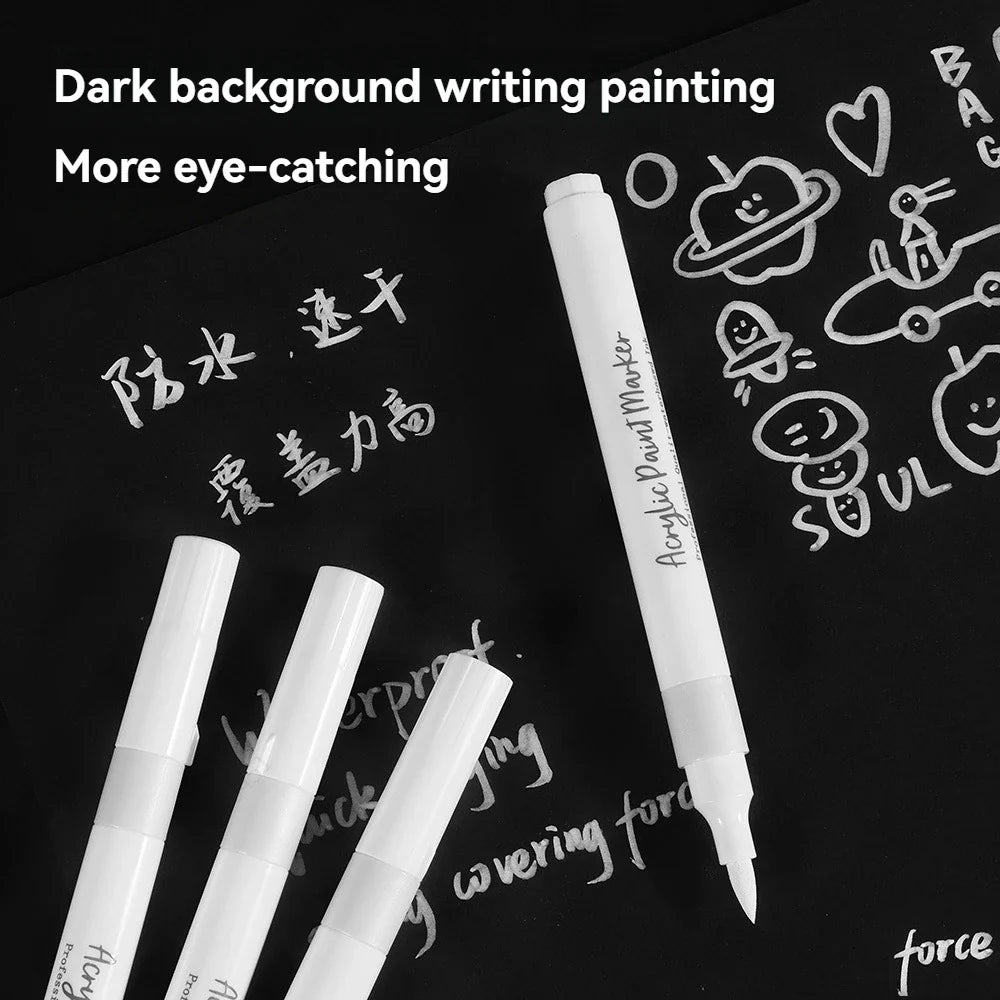 White Acrylic Marker Set – Brush Tip & Fine Point Art Pen Acrylic Art Marker Qme