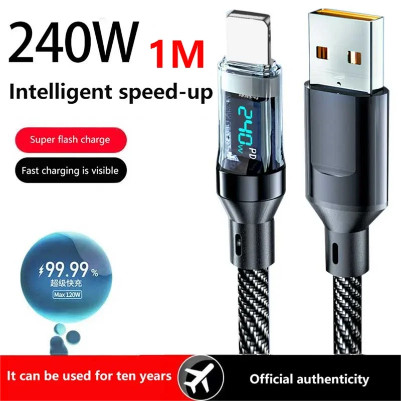 USB-C to USB-C 100W Fast Charging Cable with LED Display USB-C Charging Cable Qst USB-A To Lighting 1m