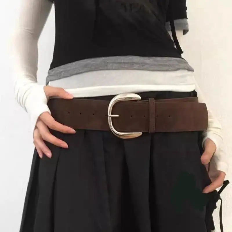 Women's Wide Faux Leather Belt – Vintage Y2K Pin Buckle Wide Fashion Belt Qst