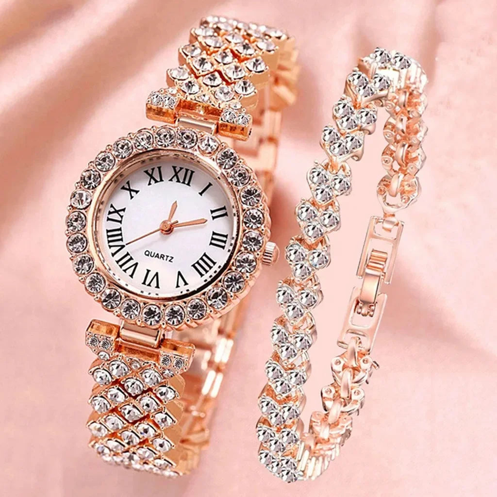 Women's 2-Piece Luxury Rhinestone Watch Set | 3 Colors Rhinestone Watch Set Qme Rose No