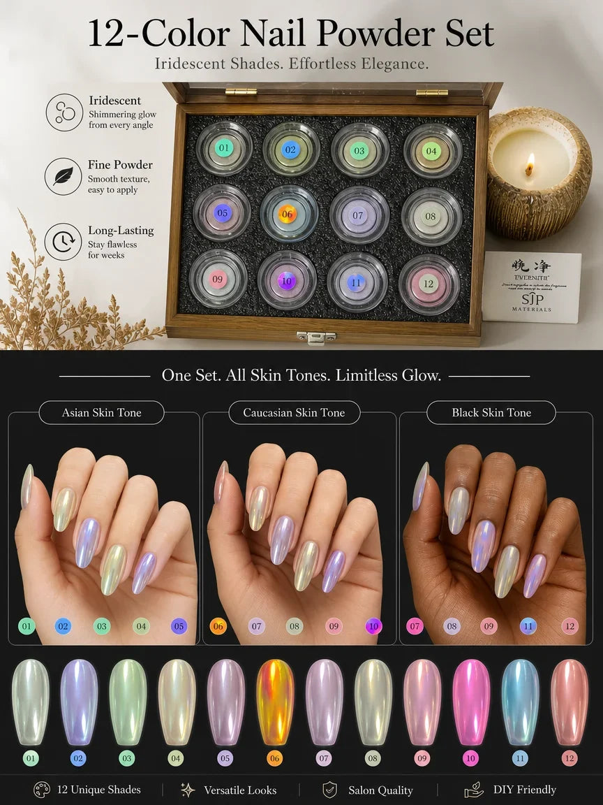 12-Color Magic Mirror Nail Powder Kit with Storage Box & Cards Nail Art Powder Kit Qme