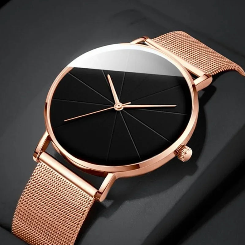 Casual Round Quartz Watch | Large Geo Dial & Mesh Strap Analog Quartz Watch Qme