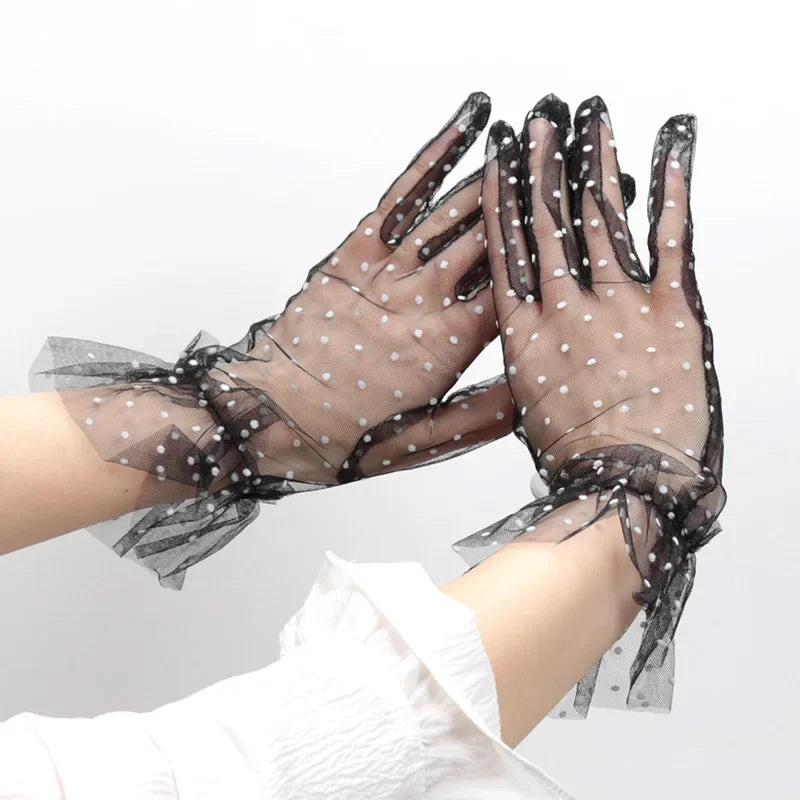 Women's Sheer Lace Dot Mesh Short Gloves – 6 Colors Lace Mesh Gloves Qme A2
