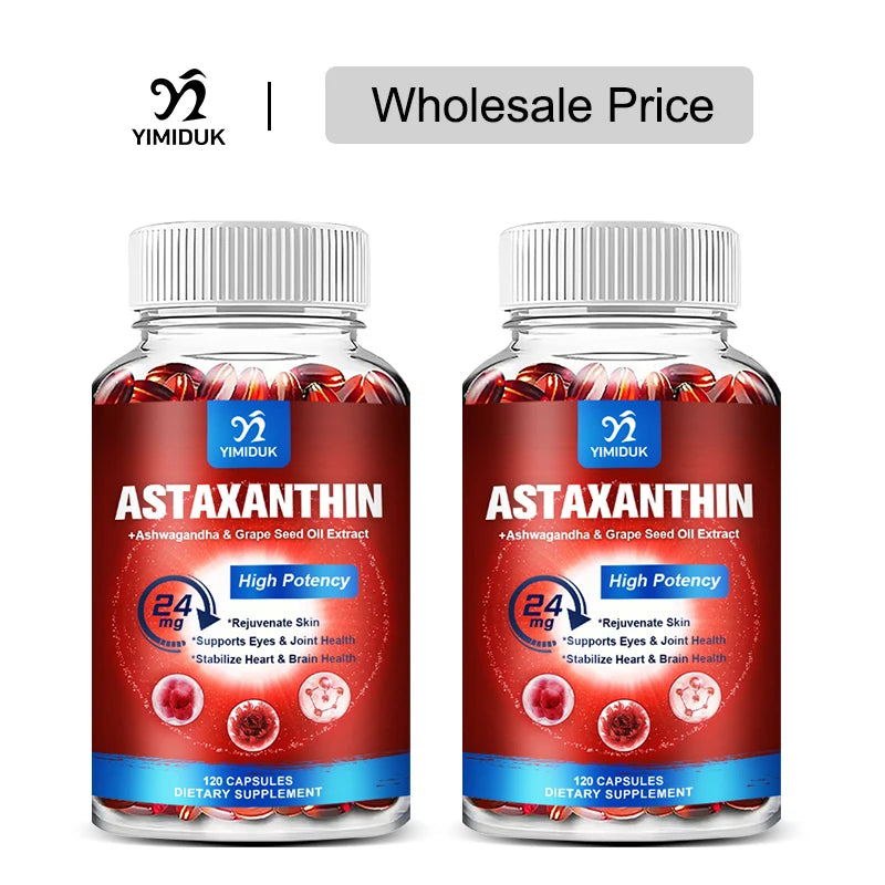 Yimiduk Astaxanthin 24mg – Grape Seed Oil & Ashwagandha, 120ct Antioxidant Supplement Qst