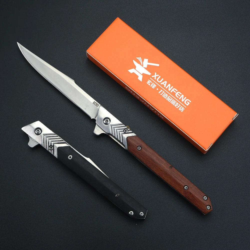 XUAN FENG Sandalwood Folding Knife – D2 Steel HRC 59 Folding Pocket Knife Qst