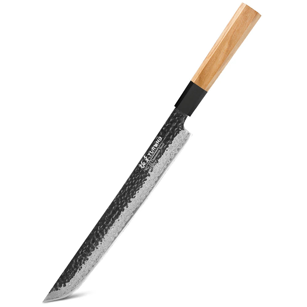 TURWHO Damascus Steel Sashimi Slicing Knife 10.5" DIY Handle Damascus Kitchen Knife Qst Olivewood 10.5 inch