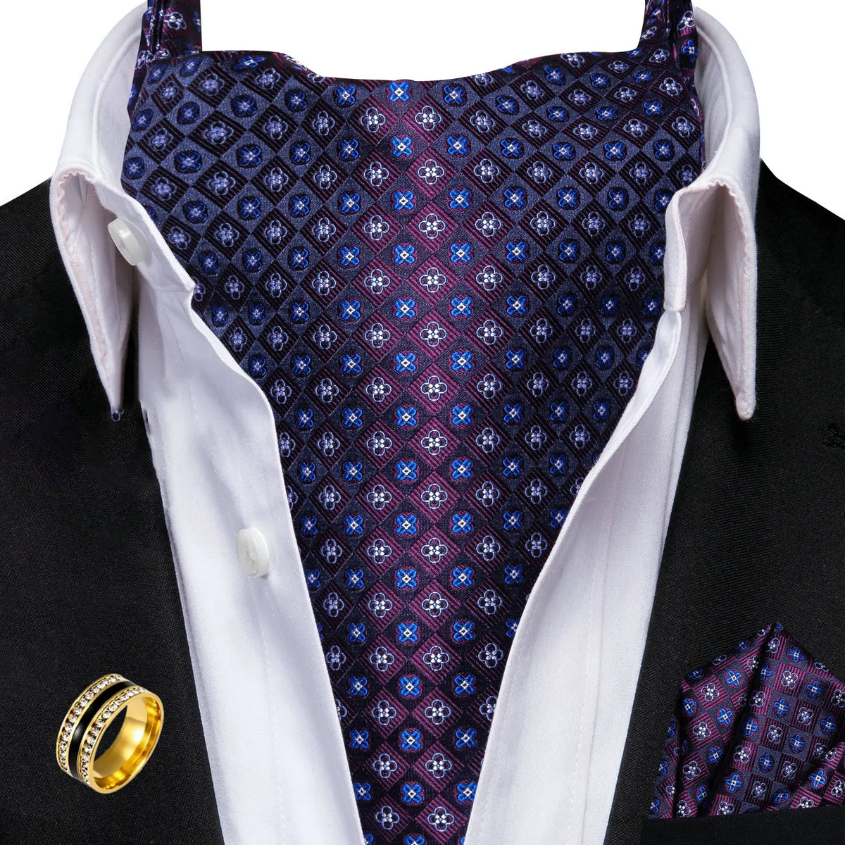 Men's Ascot Tie Cravat Set with Pocket Square & Ring Ascot Cravat Set Qme AS-1184-JZ0020