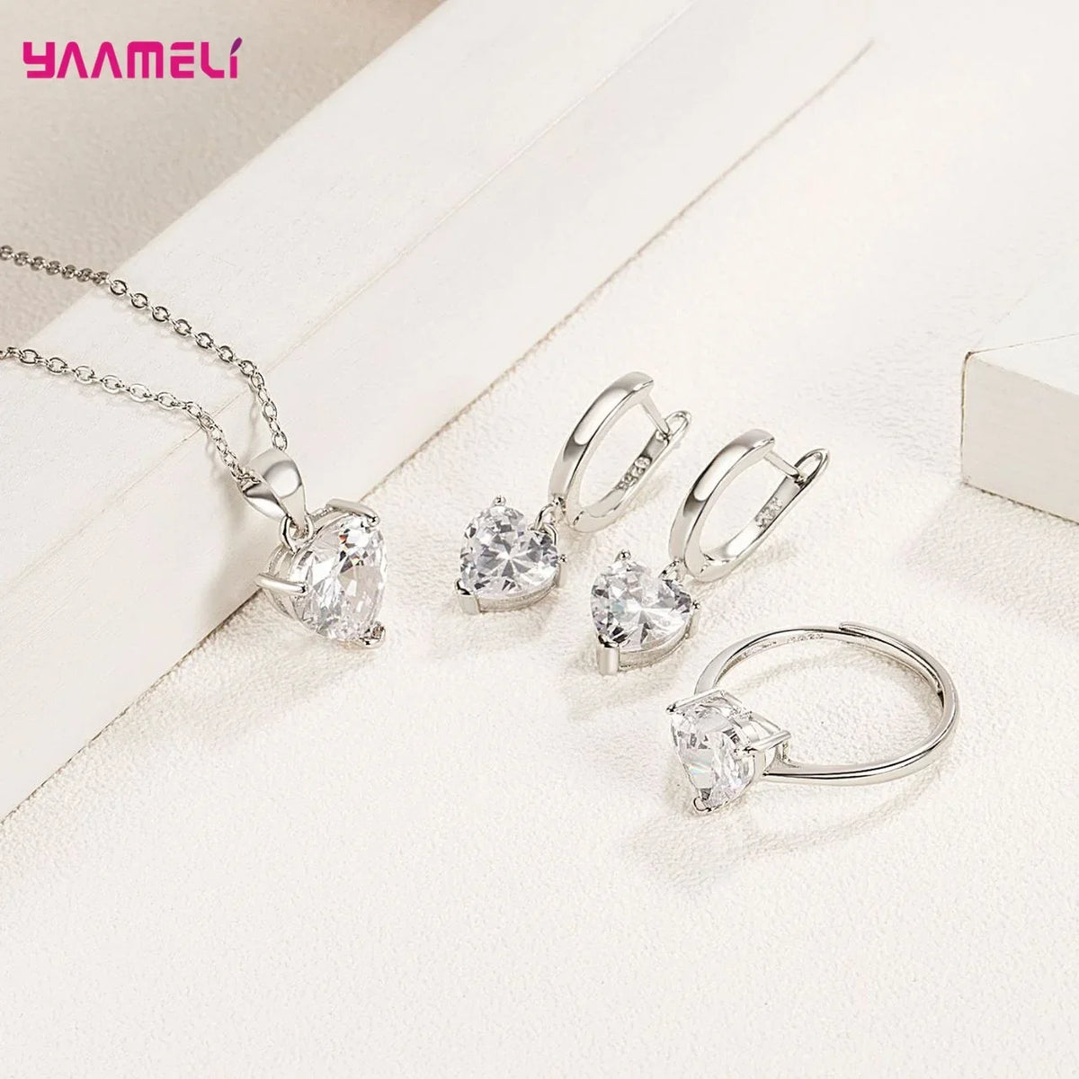 925 Sterling Silver Heart Jewelry Set – Necklace, Earrings & Ring Silver Jewelry Set Qme