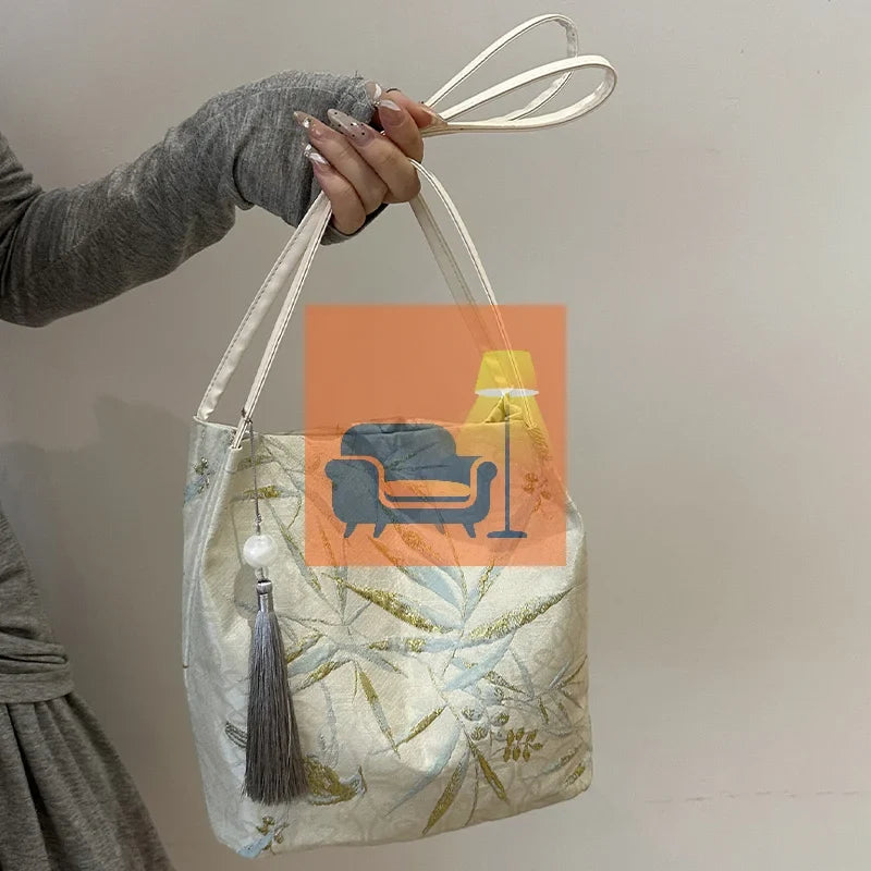 Women's Retro Chinese-Style Elegant Fabric Shoulder Tote Bag Shoulder Tote Bag Qme