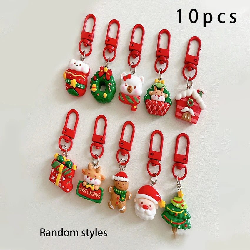 10-Piece Cartoon Christmas Keychain Set – Santa & Reindeer Holiday Keychain Set Qst 10pcs