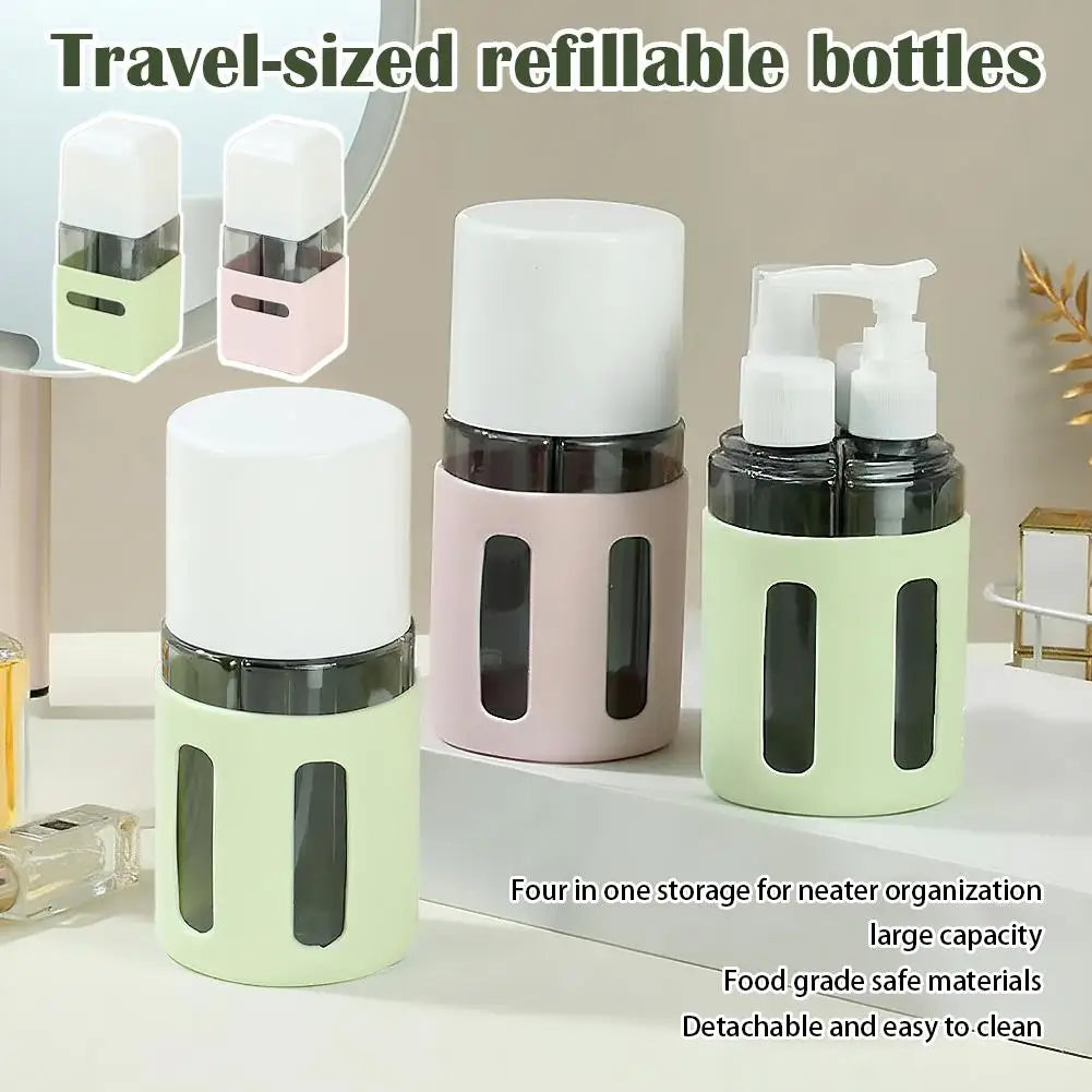 4-in-1 Refillable Travel Dispenser Bottles – Shampoo & Lotion Travel Dispenser Set Qme
