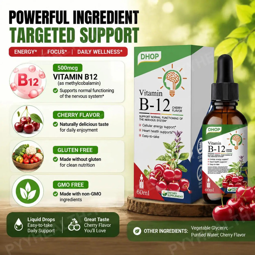 Vitamin B-12 Liquid Drops Methylcobalamin Cherry | 60ml Vitamin B12 Supplement Qst