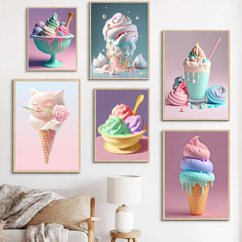 Nordic Pink Donut Ice Cream Canvas Wall Art – Girl Room Decor Canvas Wall Art Qst