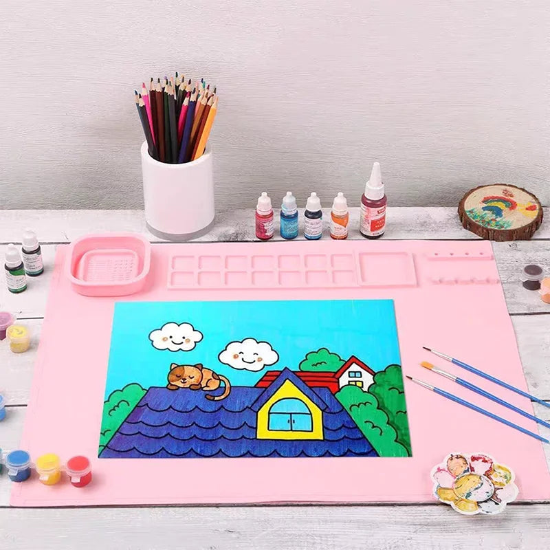 Silicone Painting Mat & Brush Holder Pad – Washable Art Mat Silicone Art Mat Qme