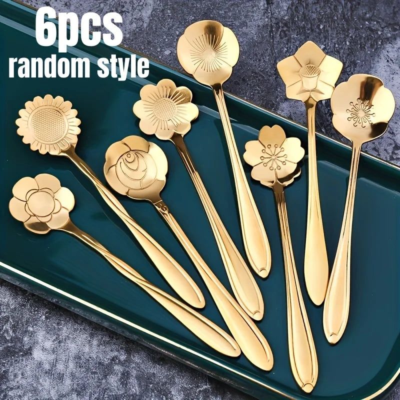 Set of 6 Floral Stainless Steel Teaspoons – Coffee & Dessert Decorative Teaspoon Set Qme