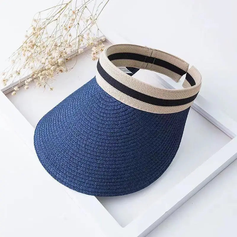Women's Raffia Straw Wide Brim Sun Hat – Open Top UV Shield Straw Sun Hat Qst Blue one size