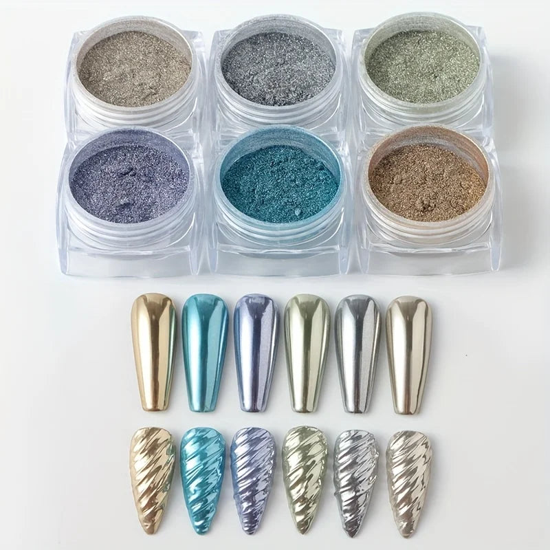 6-Piece Y2K Mirror Chrome Nail Glitter Powder Set | Retro Finish Chrome Nail Powder Qme 02