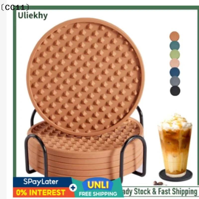 6 Silicone Drink Coasters with Metal Holder – Absorbent Set Drink Coaster Set Qme