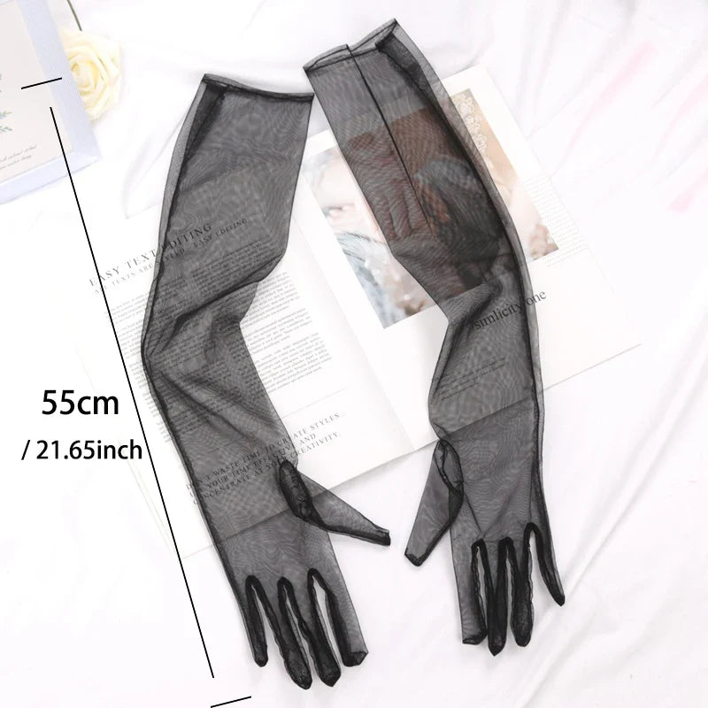 Women's Long Sheer Tulle Gloves Full Finger Mesh Arm Gloves Mesh Fashion Gloves Qme