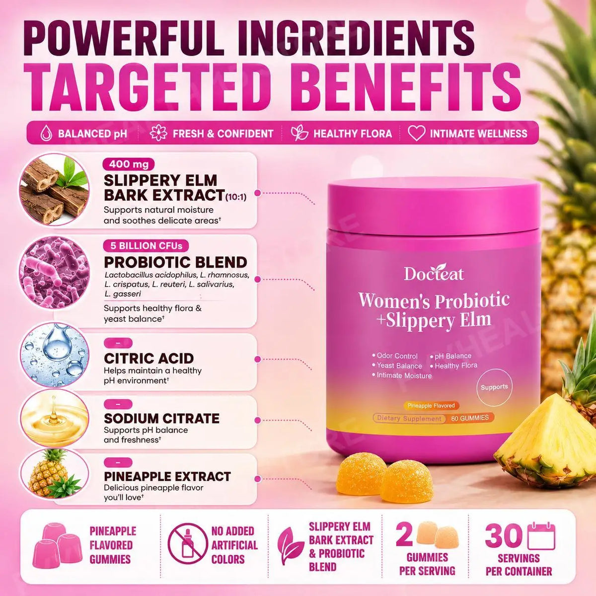 Docteat Women's Probiotic Gummies 5B CFUs – 60 Count Probiotic Gummies Qst