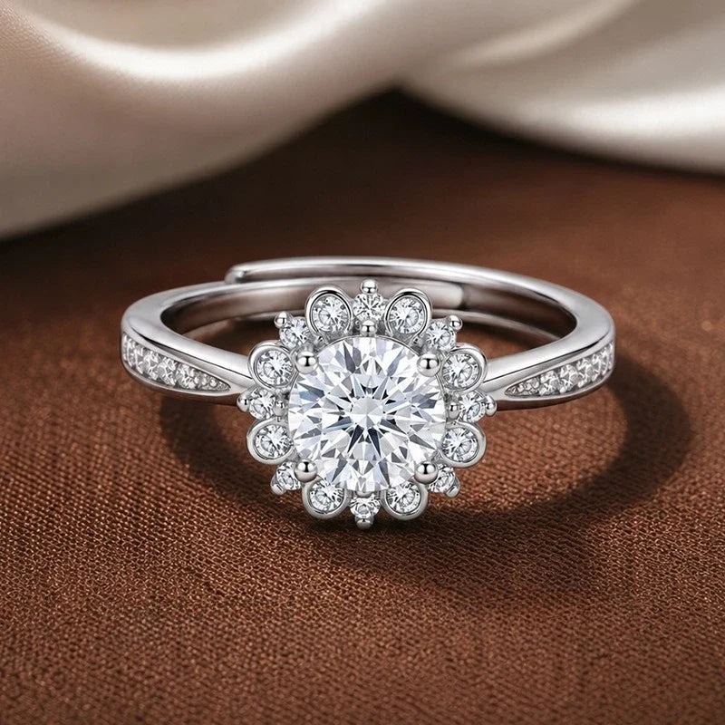 Sunflower Halo CZ Engagement Ring – Adjustable Open Band CZ Fashion Ring Qme
