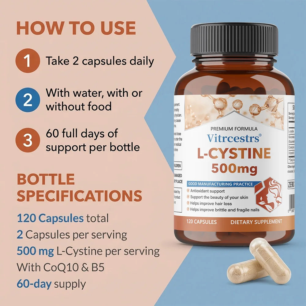 L-Cysteine 500mg + Vitamin B5 & CoQ10 – 120 Capsules Amino Acid Supplement Qst