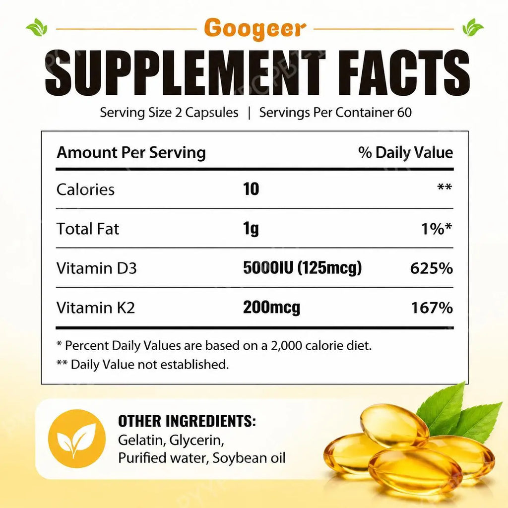 Vitamin D3 5000 IU + K2 200mcg Softgels – 120 Capsules Vitamin Supplement Qst