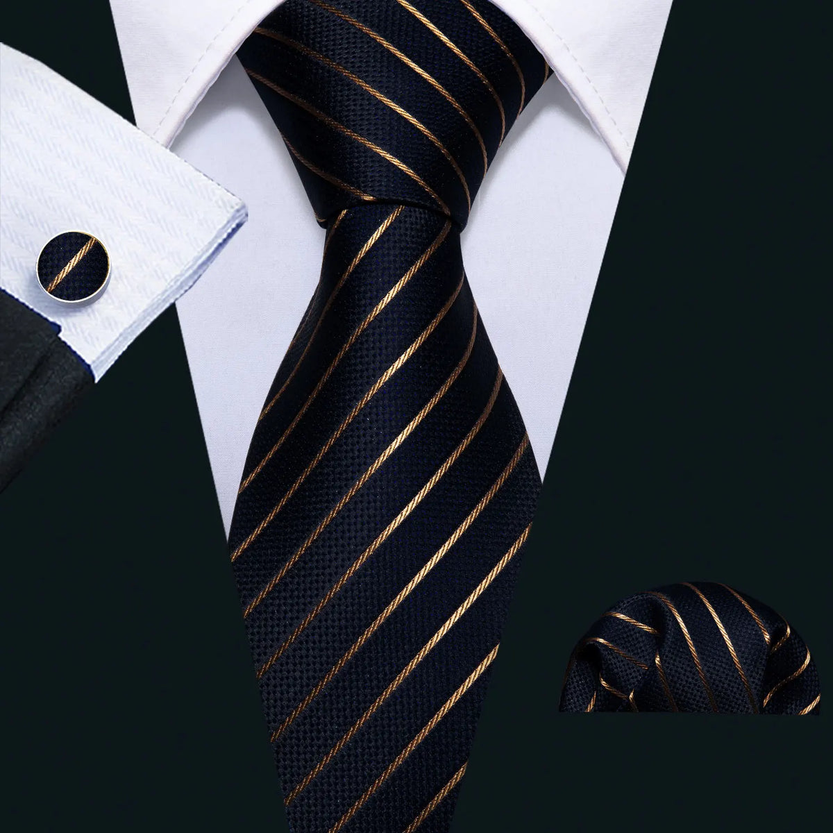 Barry Wang Black Geometric Silk Necktie & Handkerchief Set