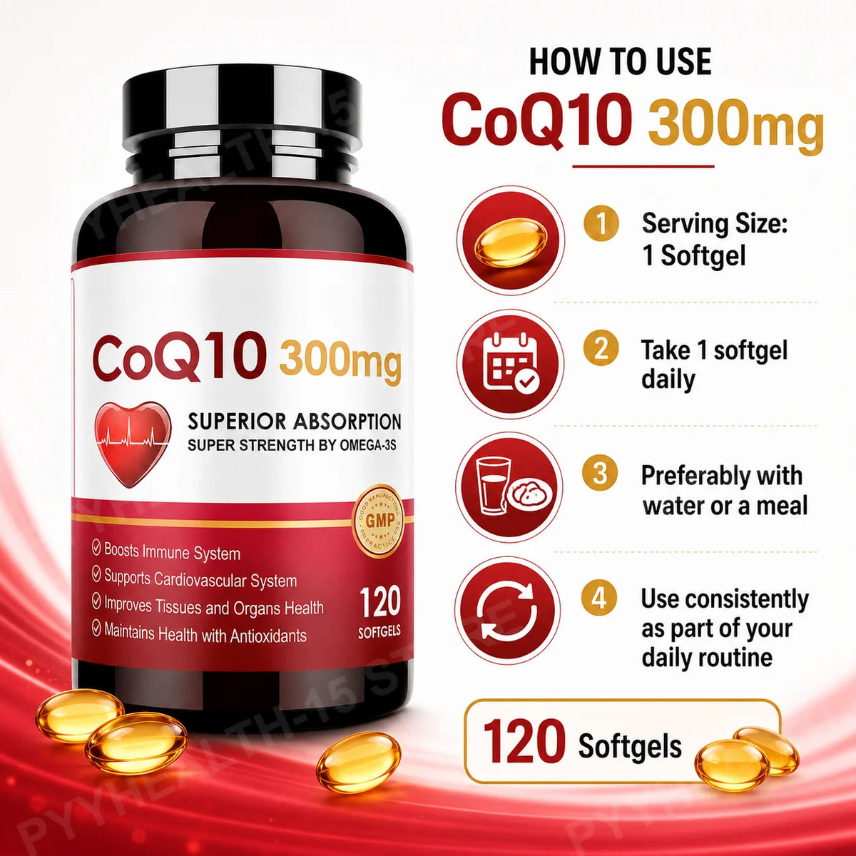 CoQ10 300mg Softgels with PQQ, Omega-3 & Black Pepper 120ct Antioxidant Softgels Qst