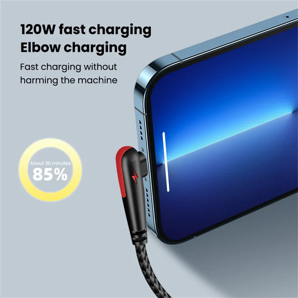 USB-C 120W Fast Charging Cable 6A PD 90° Elbow Braided Nylon USB-C Charging Cable Qme
