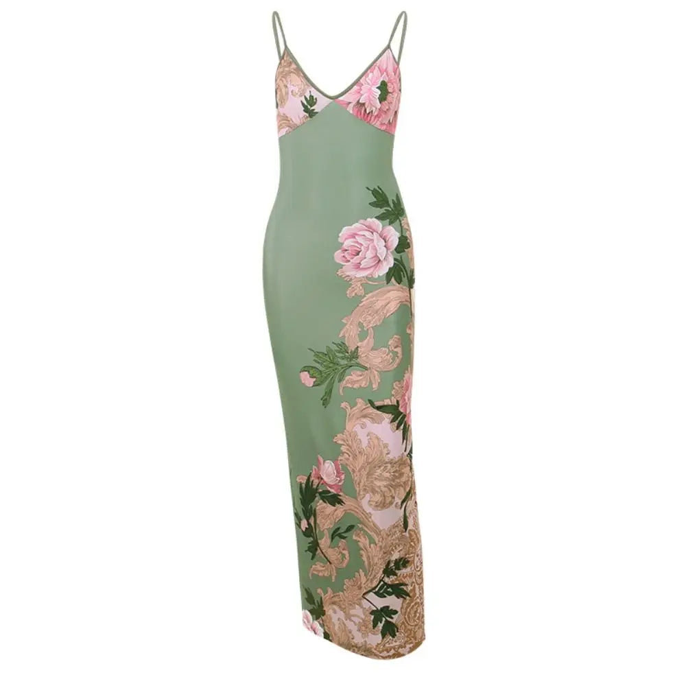 Slim-Fit Sleeveless Backless V-Neck Print Suspender Dress Maxi Suspender Dress Qme green M