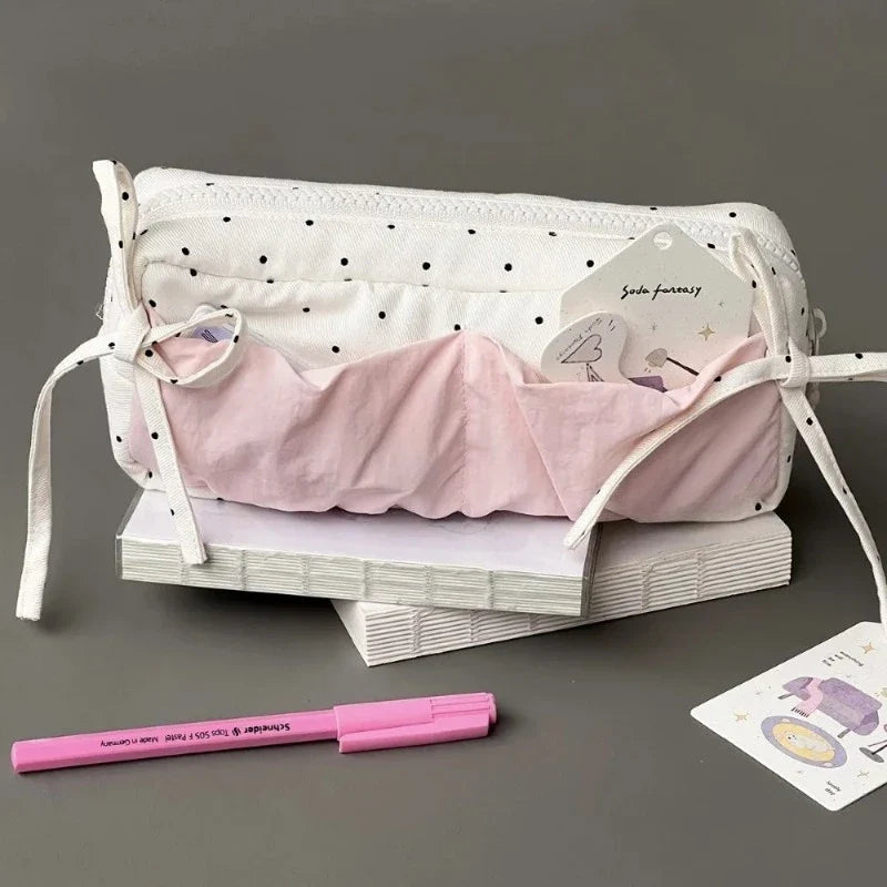 Cute Polka Dot Large Capacity Pencil Bag | Fabric Pouch Pencil Bag Pouch Qme
