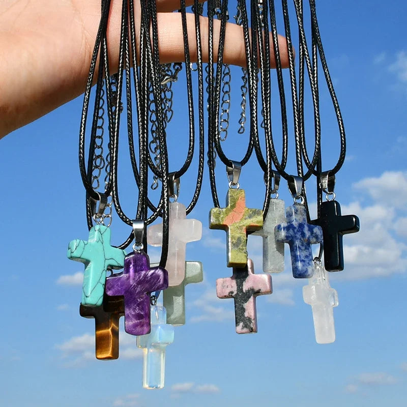 Natural Stone Cross Pendant Necklace | Punk Rock Y2K Style Stone Cross Necklace Qme