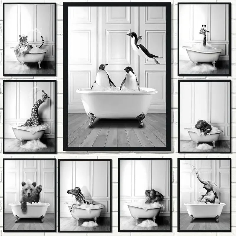 Nordic Animal Canvas Wall Art – Black & White Bathroom Poster Canvas Wall Art Qst
