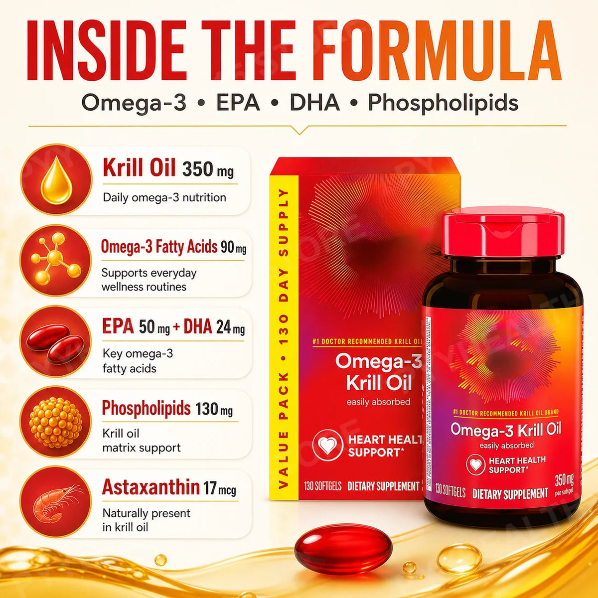 Omega-3 Krill Oil 350mg 130 Softgels – EPA DHA Astaxanthin Omega-3 Supplement Qst