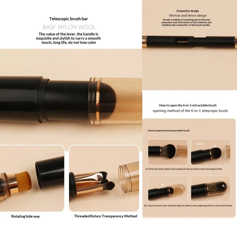 6-in-1 Double Sided Retractable Travel Makeup Brush | Qme Travel Makeup Brush Qme