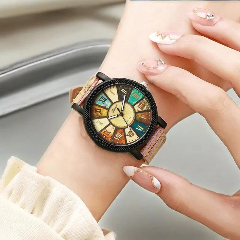 Women's Wood Grain Dial Retro Leather Watch Set – 2 Piece Women's Watch Set Qme