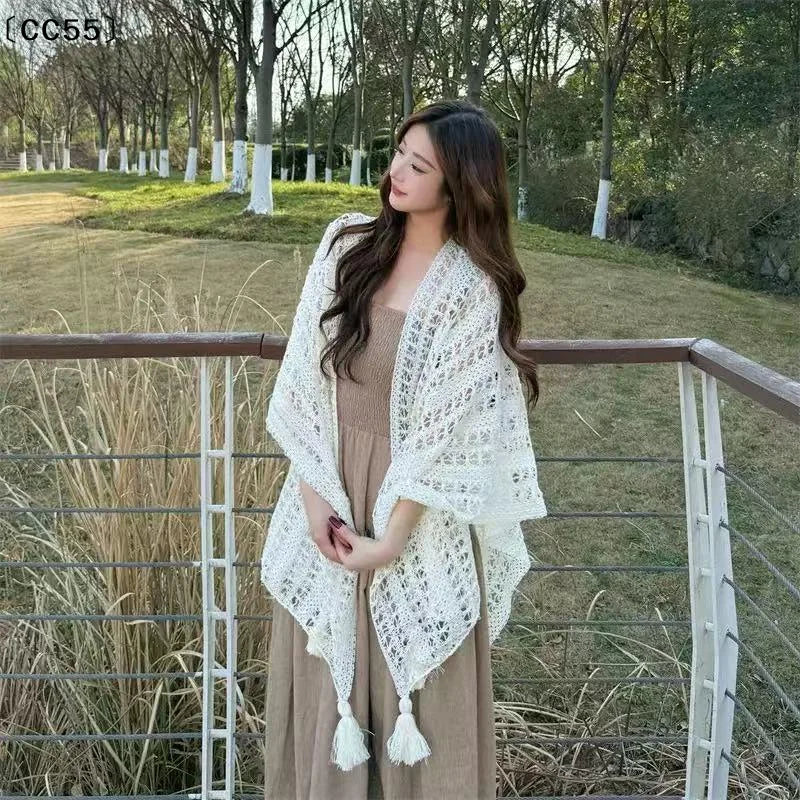 Women's Boho Crochet Lace Beach Cover-Up with Tassels Beach Cover-Up Qst