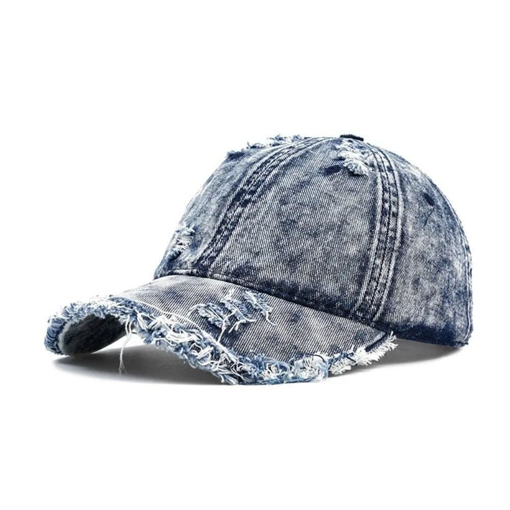 Vintage Washed Denim Baseball Cap – Distressed Frayed Fringe Denim Baseball Cap Qme Dark Blue