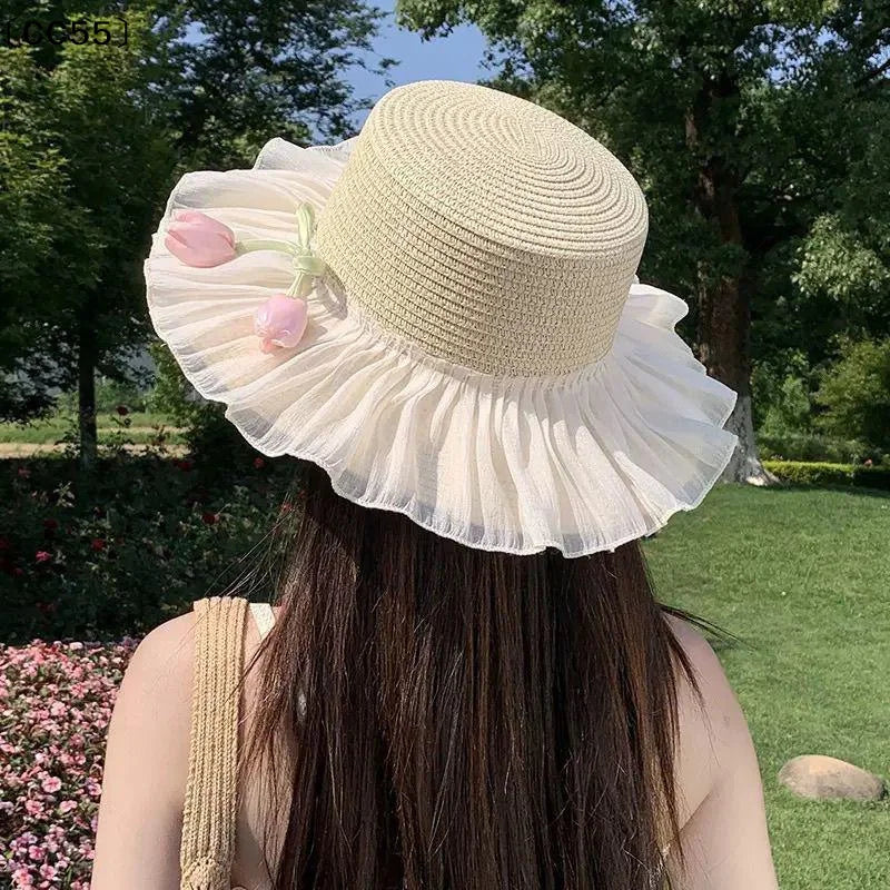 Women's Wide Brim Lace Bow Straw Sun Hat – Beach & Vacation Wide Brim Sun Hat Qst