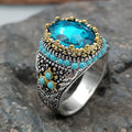 Men's Handmade Turkish Turquoise Gem Ring – Vintage Punk Style Men's Gemstone Ring Qme Blue 7