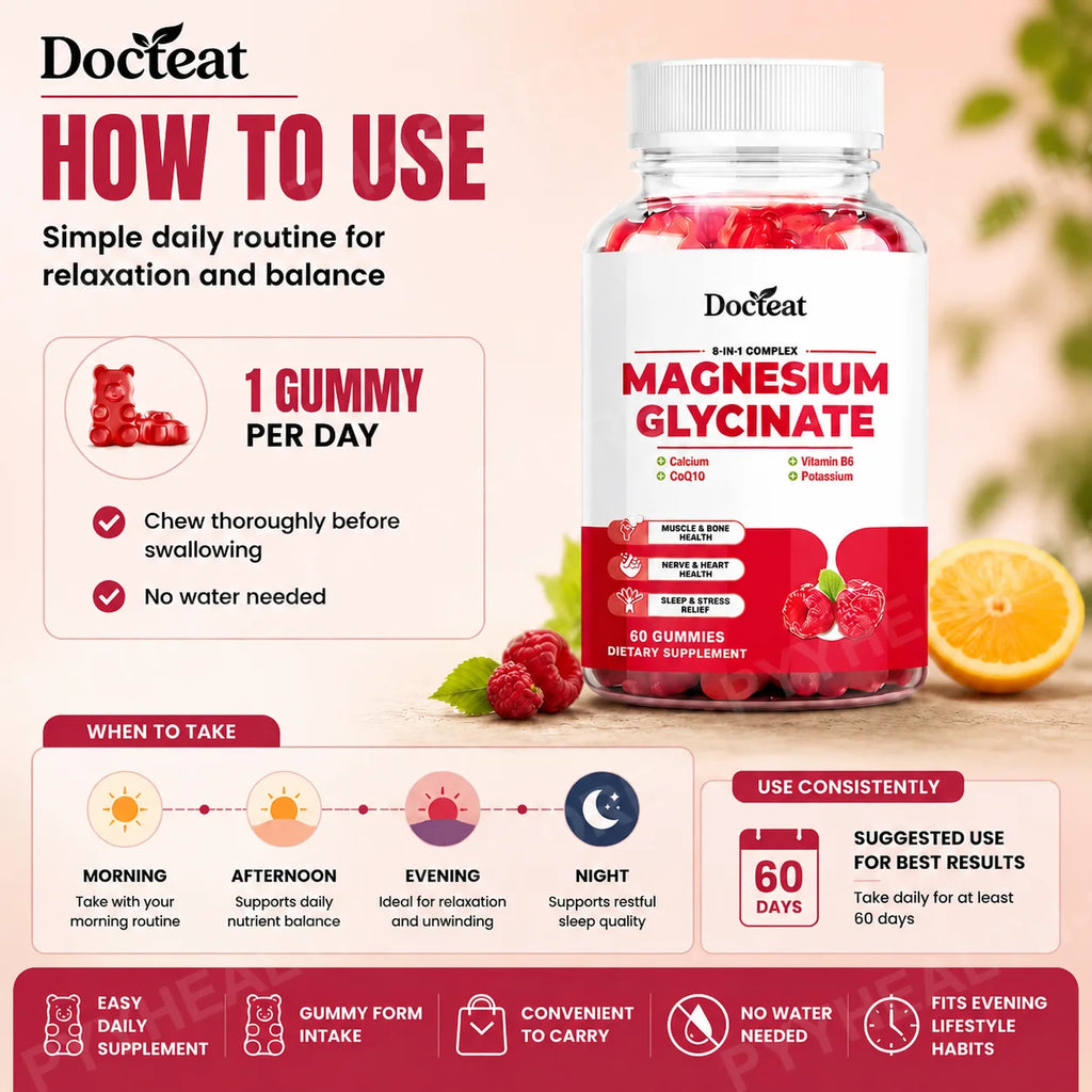 Docteat Magnesium Glycinate Gummies 60ct – GABA, CoQ10 & B6 Wellness Supplement Gummies Qst
