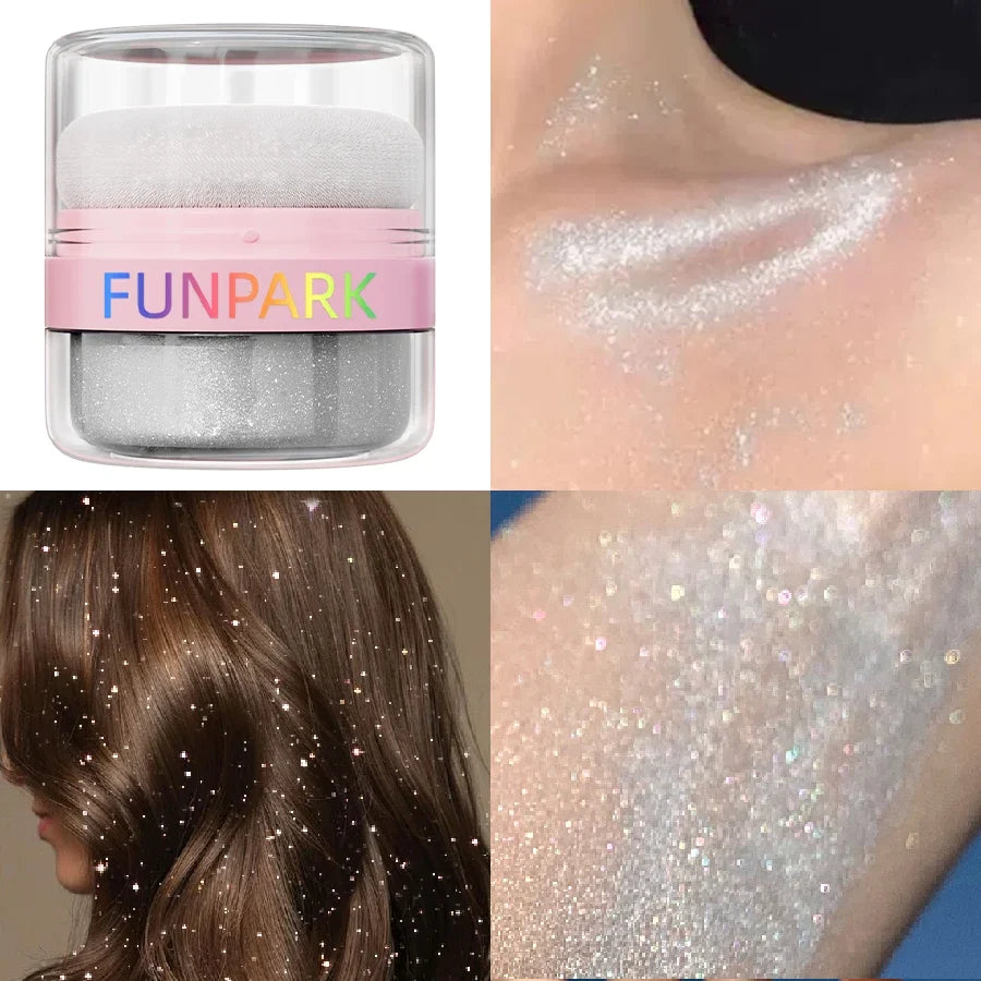 Qme Highlighter Powder with Puff – Face & Body Shimmer Glow Face & Body Highlighter Qme