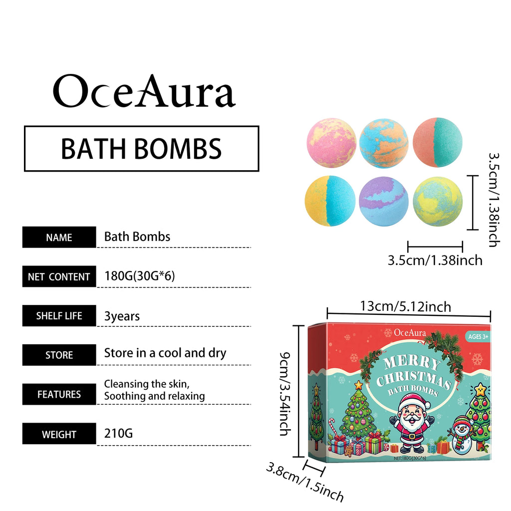 OceAura Christmas Bath Bombs 6-Pack – Moisturizing & Fragrant Bath Bombs Set Qst