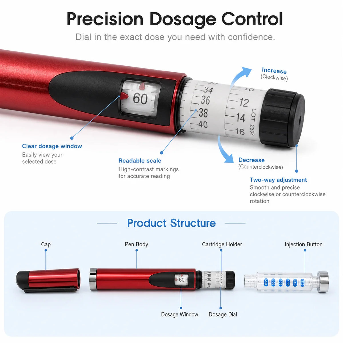 Reusable V3 Metal Injection Pen 60 IU – Empty, No Cartridge Reusable Injection Pen Qst