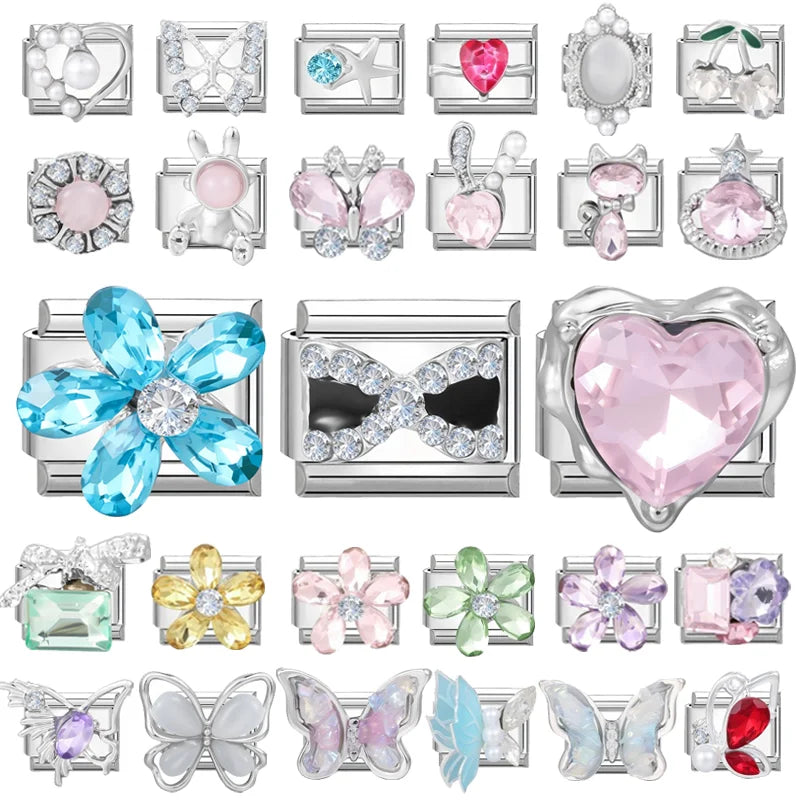 Zircon Italian Charm Links – Bow Knot Floral Heart Butterfly Italian Charm Links Qme