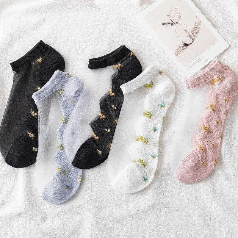 Women's Sheer Floral Glass Stockings – Thin Summer Hosiery Sheer Floral Stockings Qme