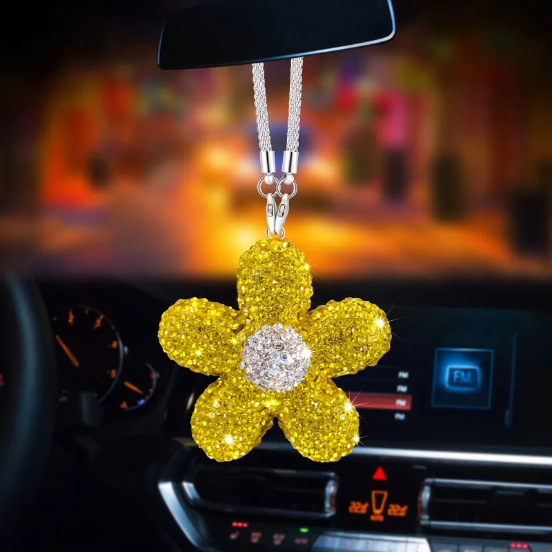 Rhinestone Daisy Car Mirror Hanging Charm | Resin Flower Pendant Car Mirror Charm Qme