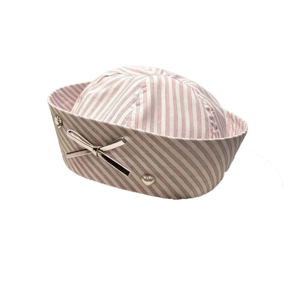 Y2K Stripe Sailor Captain Hat with Bow – Octagonal Navy Cap Sailor Captain Hat Qme Style B