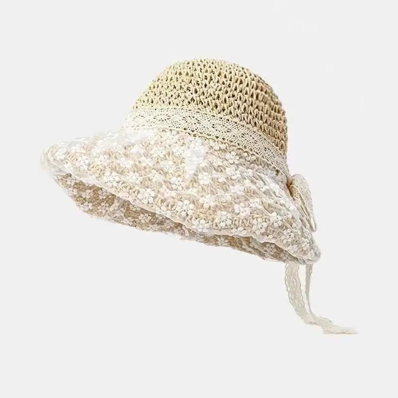 Women's Straw Beach Hat – Lace Trim Sun Protection Bucket Hat Women's Straw Hat Qst one size A